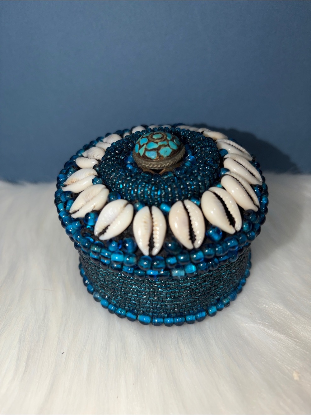 Handcrafted Blue Beaded Shell Trinket Box